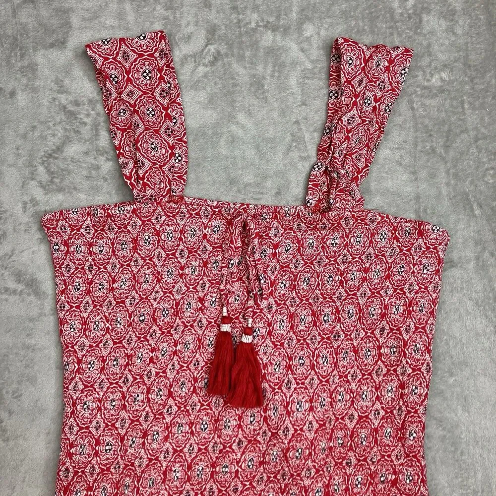 BOG Smocked Mini Dress Womens‎ XL Red Egret Tassel Ruffle Boho